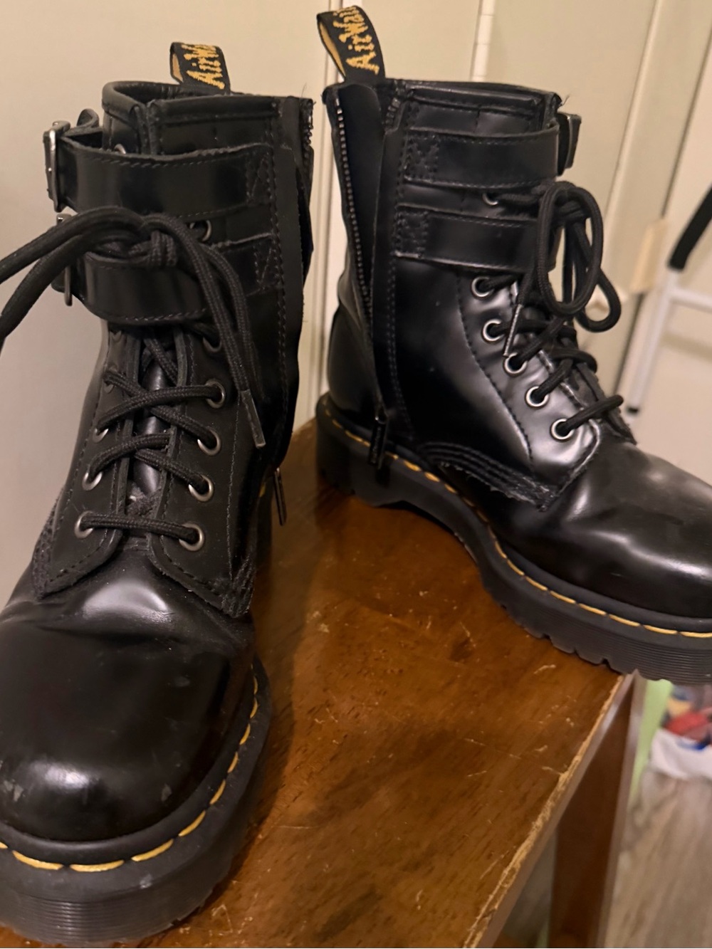 Dr. Martens Black Lace-Up Combat Boots with Yellow Welt